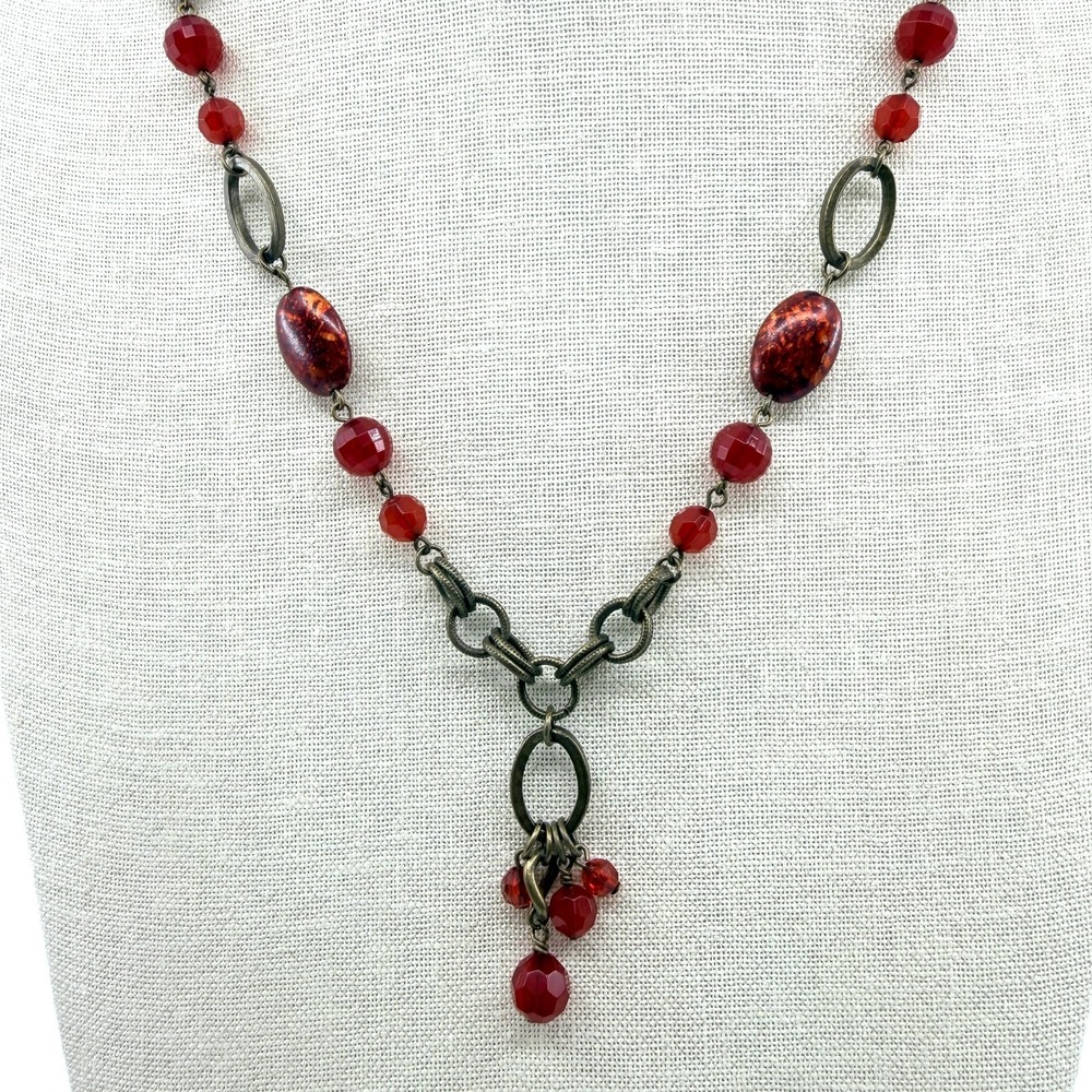Vintage Brass Tone Red Crystal Glass Bead Y-Neck Necklace Retro Bohemian